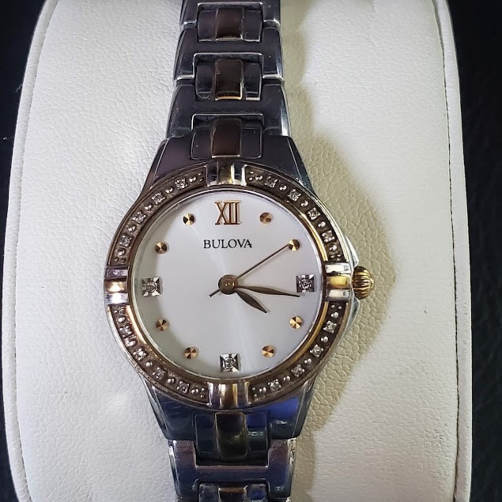 Bulova Womens Two Tone Diamond Accent Watch White Dial Roman Numeral 98R107